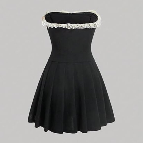 Y2K Lace Trim Bow Mini Dress | Sexy Black Strapless Club Outfit M - Picture 2 of 7